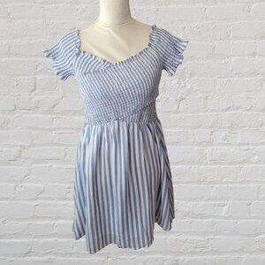 Aakaa Blue and White Striped Smocked Ruffled Short Sleeve Dress in Size M